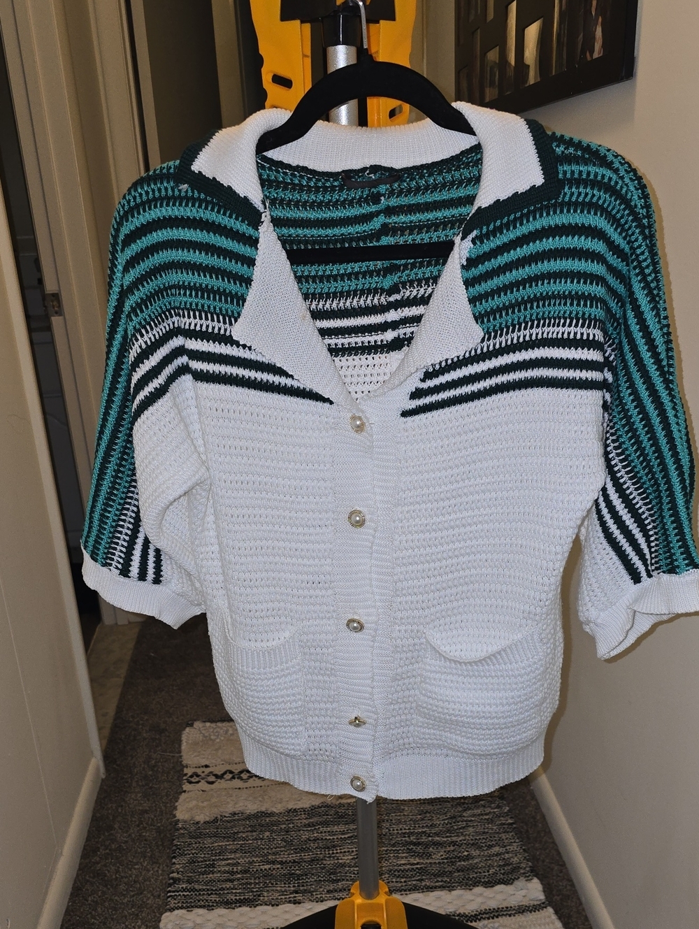 White Crochet Button-Up Cardigan with Teal and Black Stripe Yoke